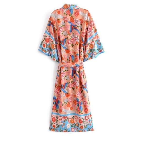 Junie Kimono Floral Bird Print Multicolor Sheer Long Coverup Large - Picture 2 of 5